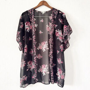 Maurices Black Floral Kimono S/M Boho Sheer Flowy Summer Chic Feminine Layering